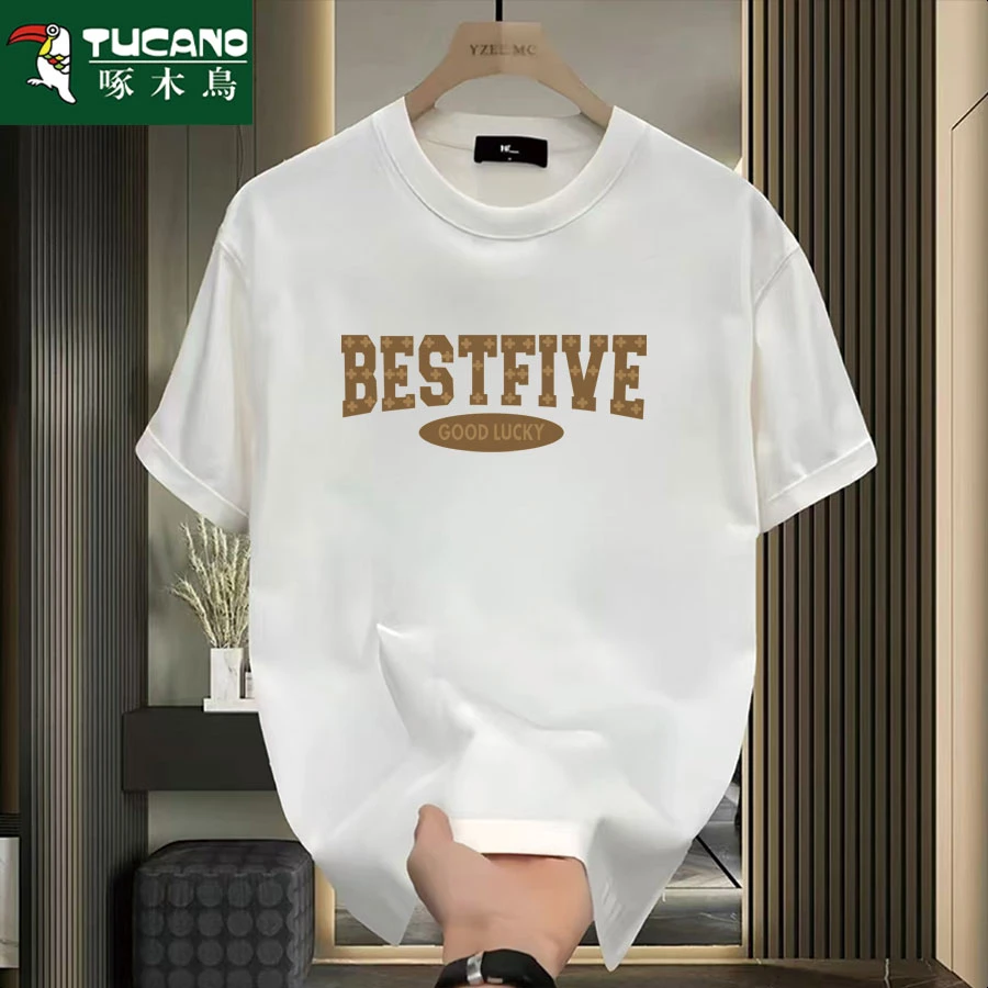 啄木鸟夏季纯棉短袖t恤男女潮流宽松圆领百搭印花全棉半袖ins