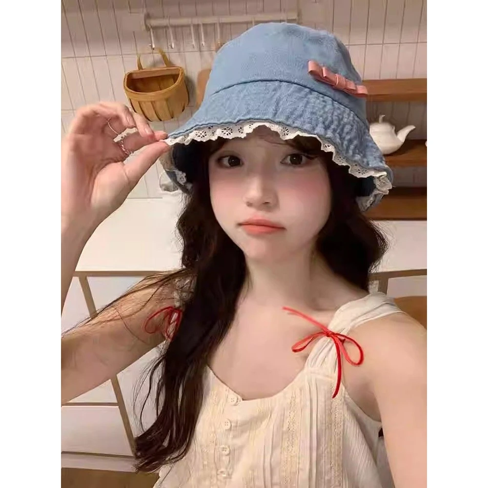 甜美专属蕾丝牛仔渔夫帽日系防晒盆帽遮阳学院春夏显脸小帽子女