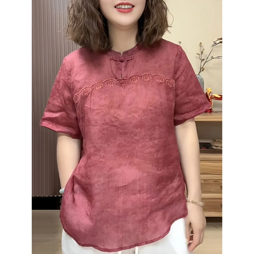 夏季提花立领盘扣宽松衬衫上衣女新中式短袖复古文艺显瘦轻薄小衫