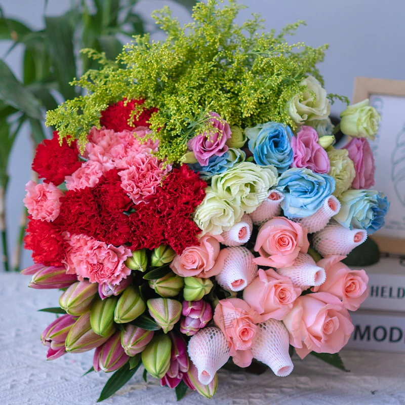【鲜花五件套】粉玫瑰+百合+康乃馨+洋桔梗+配草 鲜切花