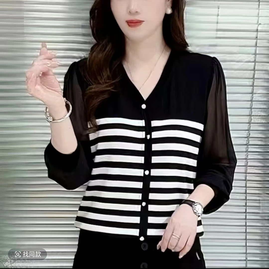 2025早秋新款条纹遮肚子显瘦宽松版长袖