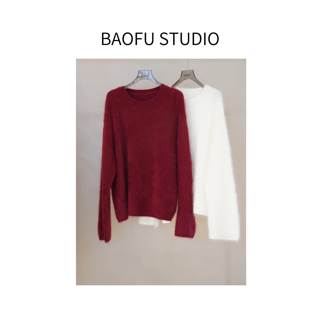 BAOFU studio｜樱桃红拉绒圆领羊绒毛衣秋冬阔版套头毛衣舒适暖冬