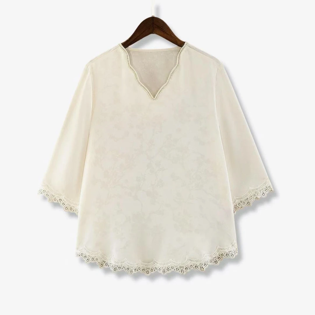 1456新款中式百搭V领提花爆款蕾丝边小衫