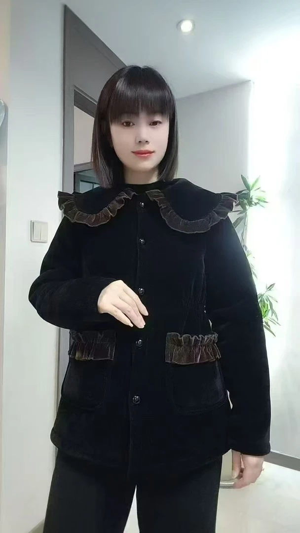 2024冬新款娃娃领加绒加厚短款家居服单袄女款