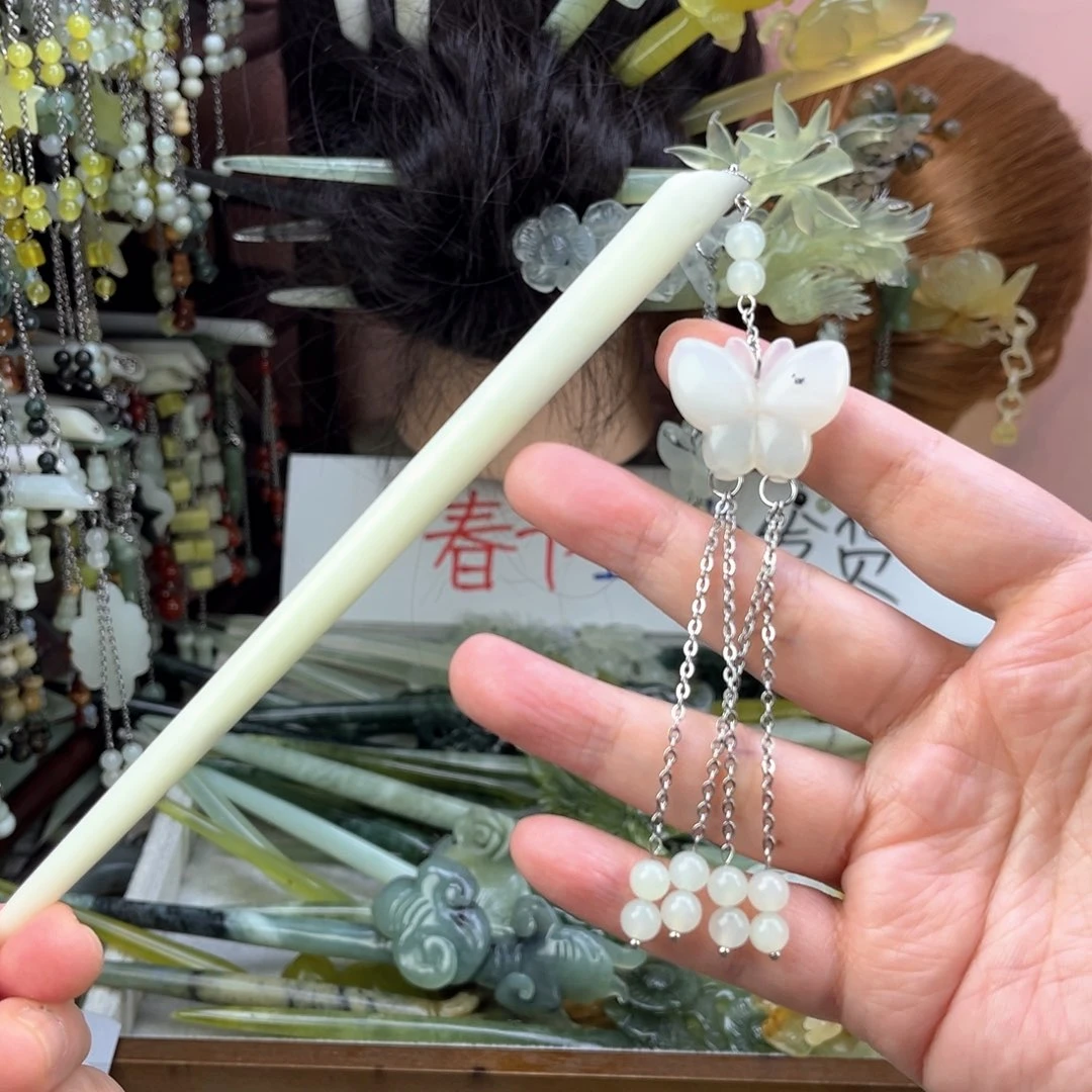 蛇纹石玉发饰未镶嵌萍***w长度18.5左右