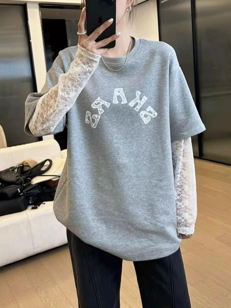 蕾丝拼接假两件长袖t恤衣服女2025新款爆款春季独特漂亮宽松上衣