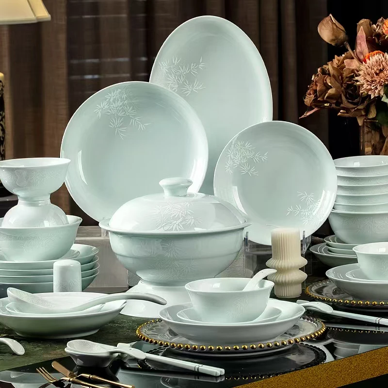景德镇白瓷高端餐具竹报平安餐具套装