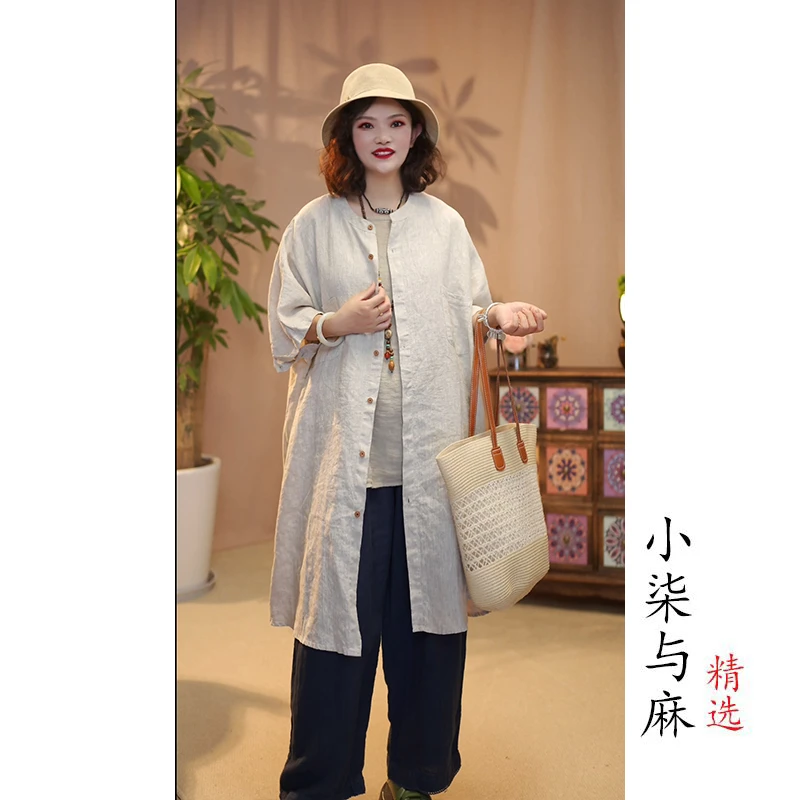 【小柒与麻】100%雨露汉麻全开襟中长款小衫（衣长90-103胸围160）