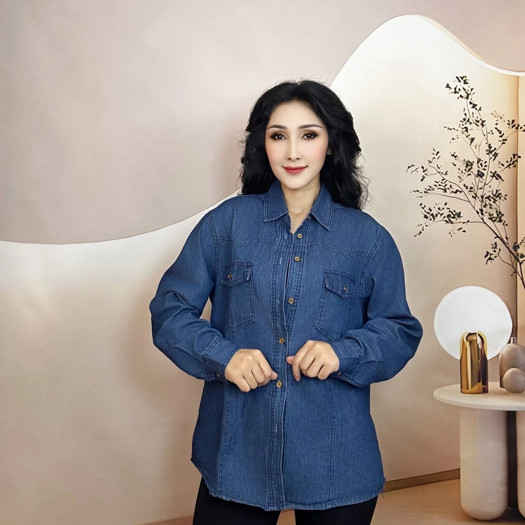 欧货牛仔衬衣女秋季宽松中长款小众外套百搭长袖复古设计感衬衣