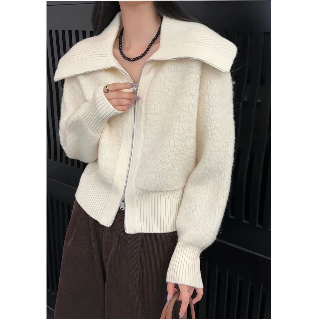 【北海道】羊毛大翻领拉链针织开衫女欧洲站新款减龄休闲显瘦外套潮