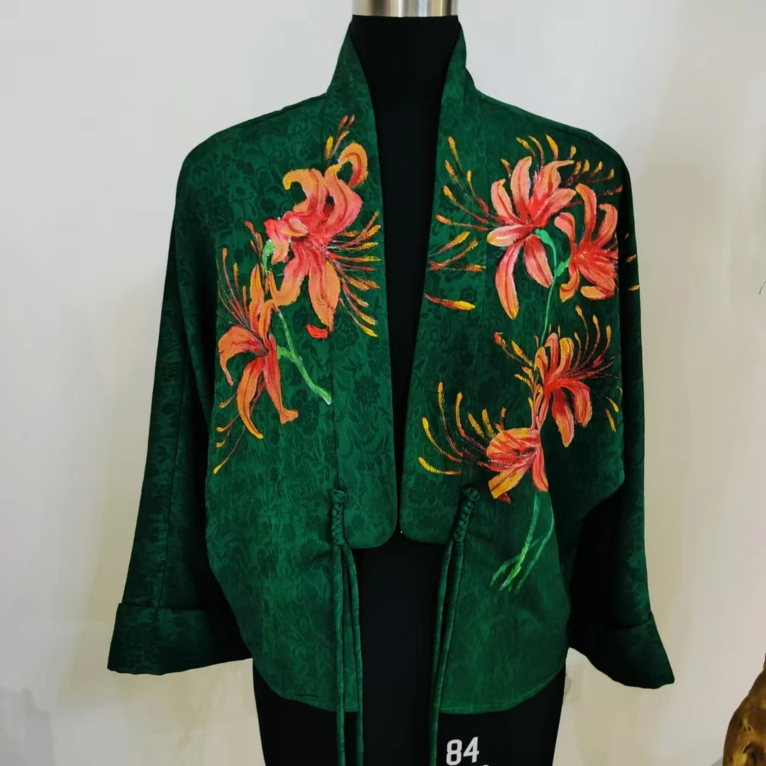 凤徕兮私人定制绿色暗纹手绘彼岸花对襟翻边袖短开衫（LS230）
