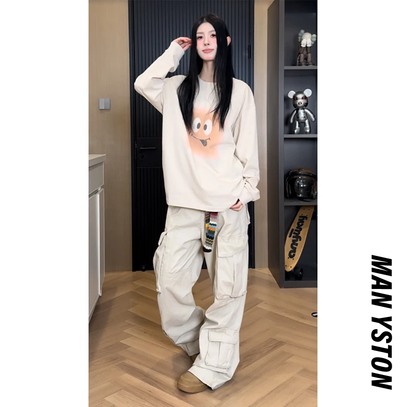 美式高街长袖套头衫上衣百搭春秋潮牌情侣内搭纯棉圆领卫衣印花