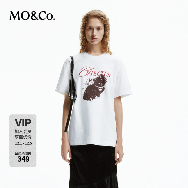 MOCO春季萌宠猫猫撞色印花宽松圆领短袖棉质T恤MBD1TEEK05