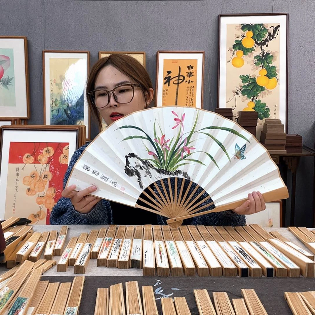 国画10寸玉竹-纯手绘-文玩扇骨（默认粘好）随机发