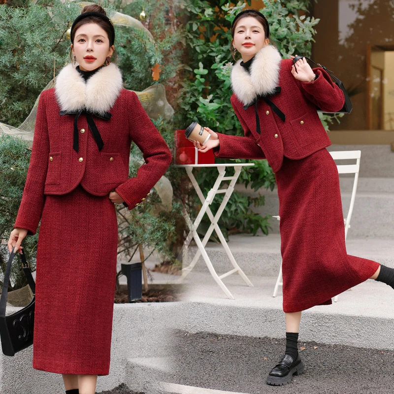 红色套装裙小香风女2025秋冬新款高级感欧货羽绒毛呢冬裙过年战袍