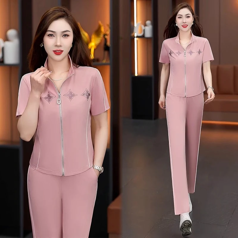 冰丝休闲运动套装女2025夏季新款时髦洋气显瘦立领短袖开衫阔腿裤