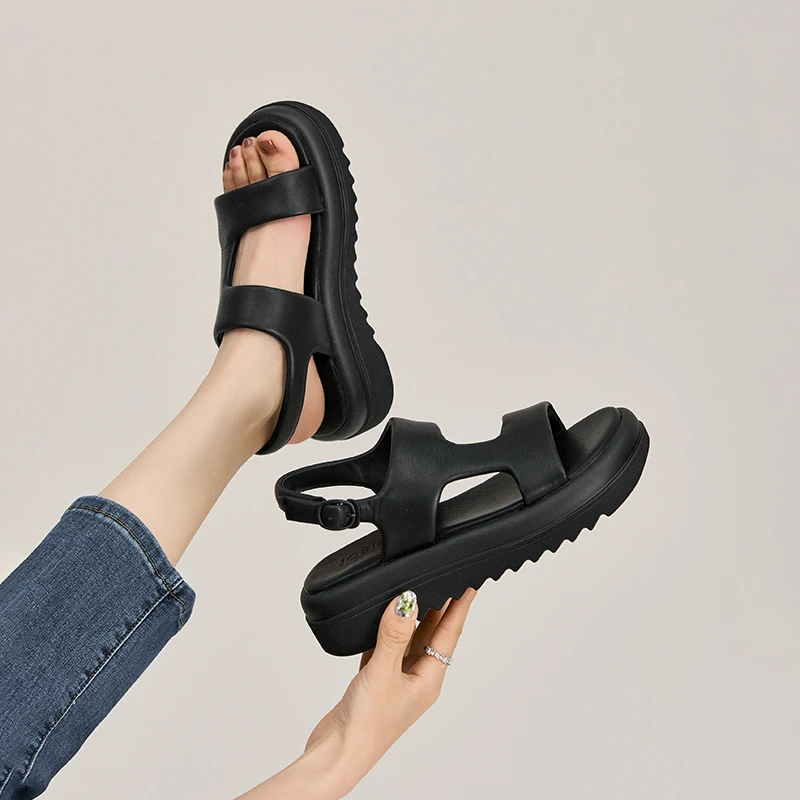 卓家厚底凉鞋女休闲百搭懒人鞋夏款女鞋露趾度假罗马鞋3J1R48002