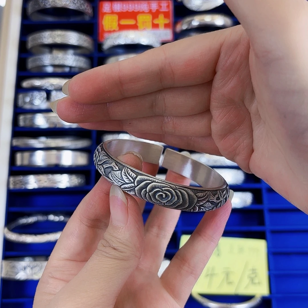 足银玫瑰花银手镯82克