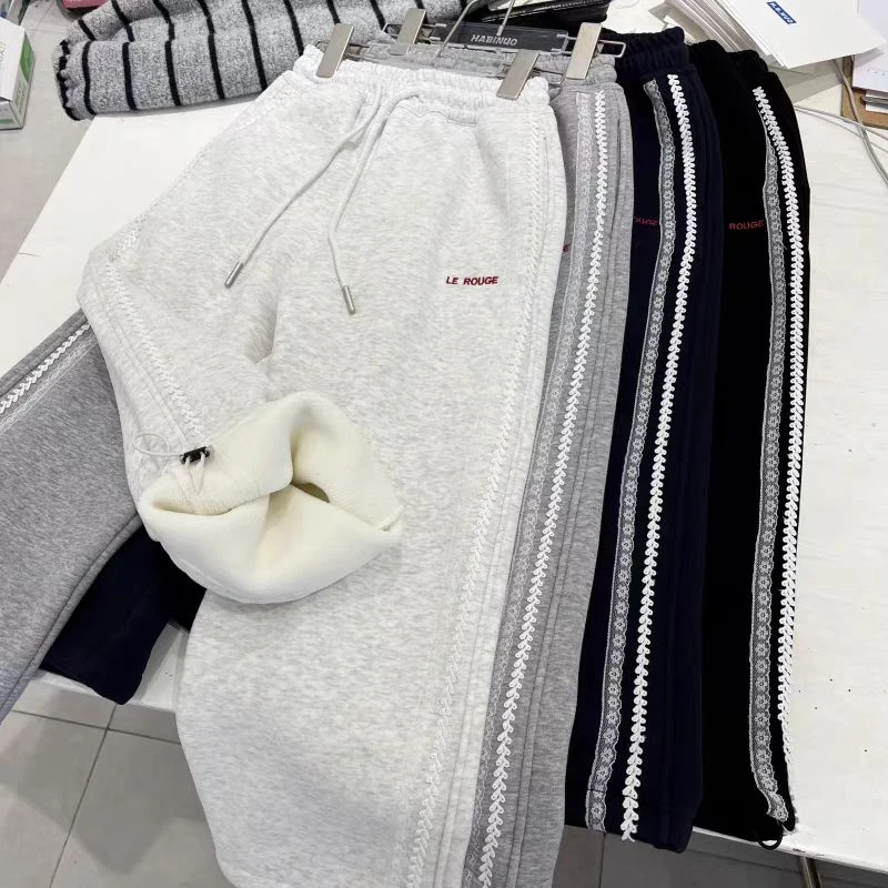 2024秋冬字母刺绣蕾丝花边加绒加厚直筒卫裤 A855 855 X