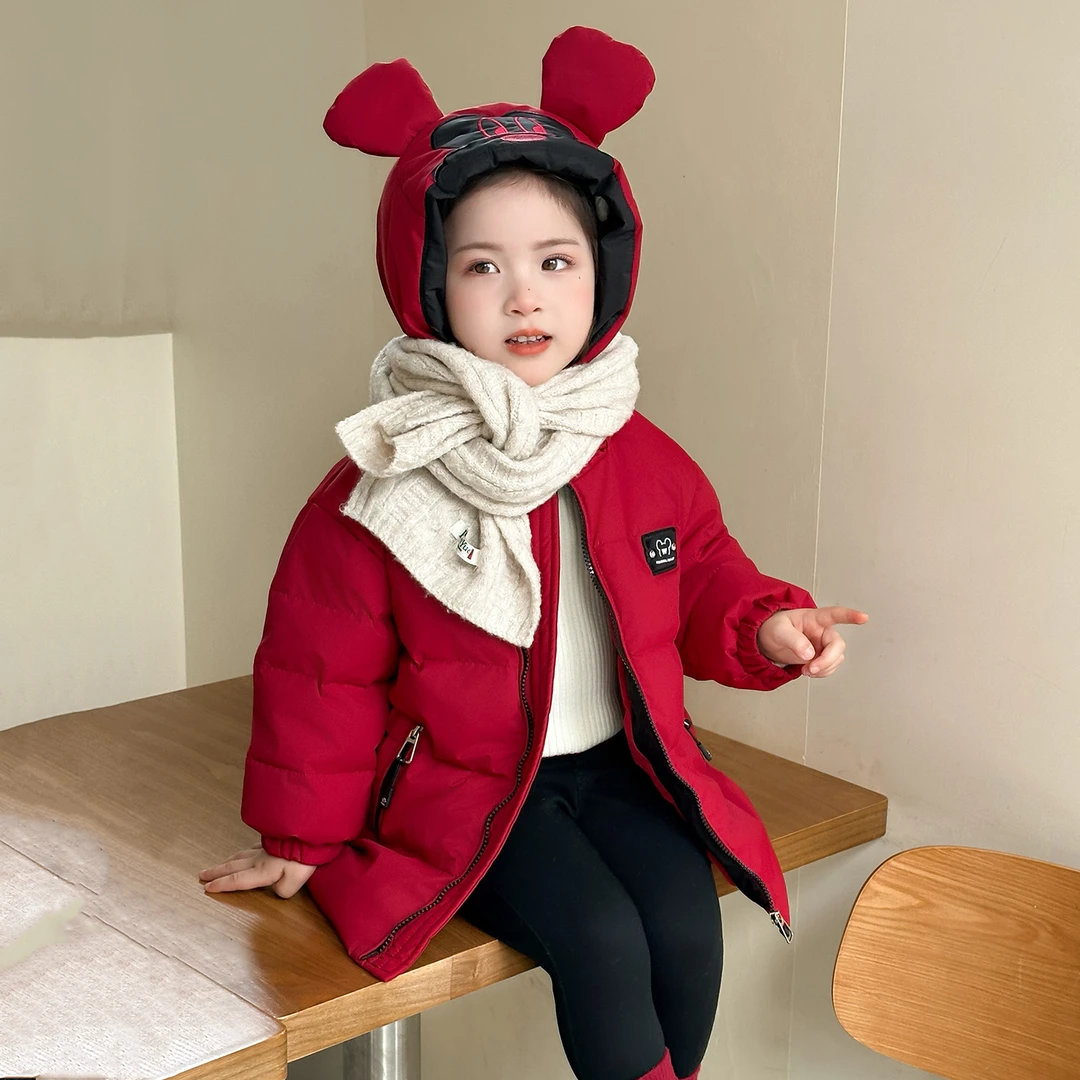 女童羽绒服外套冬季中长款2025新款儿童红色防寒拜年服女宝宝冬装
