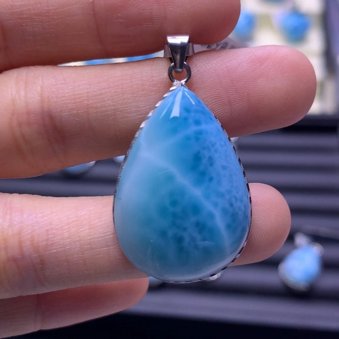 针钠钙石（海纹石）银S925镶嵌吊坠(不含链)水滴吊坠色差略异