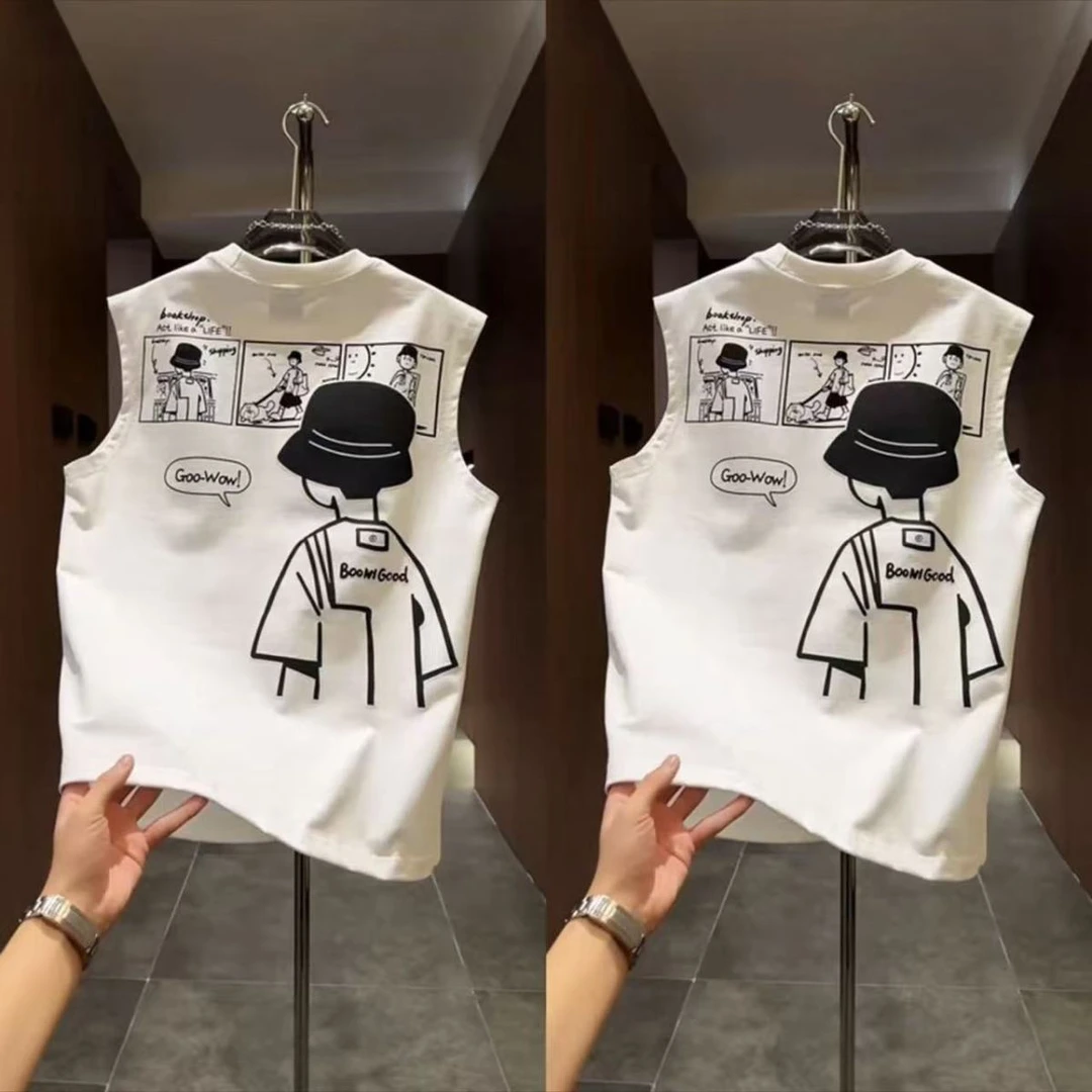 2025年夏季新款薄款透气背心卡通印花男士时尚潮流无袖打底男ins