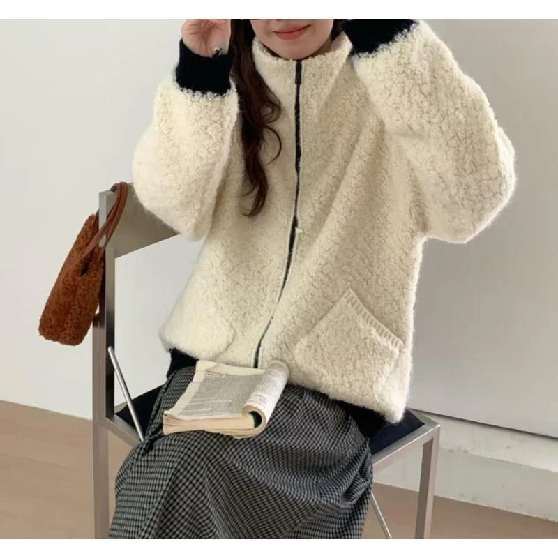 8678号10089#秋冬百搭双拉链撞色休闲毛衣外套（预）