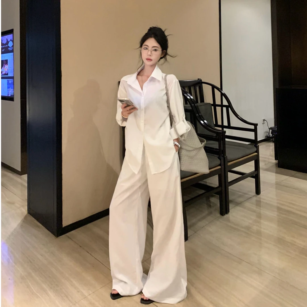 洋气老钱慵懒休闲套装宽松防晒长袖衬衫高腰休闲阔腿裤两件套