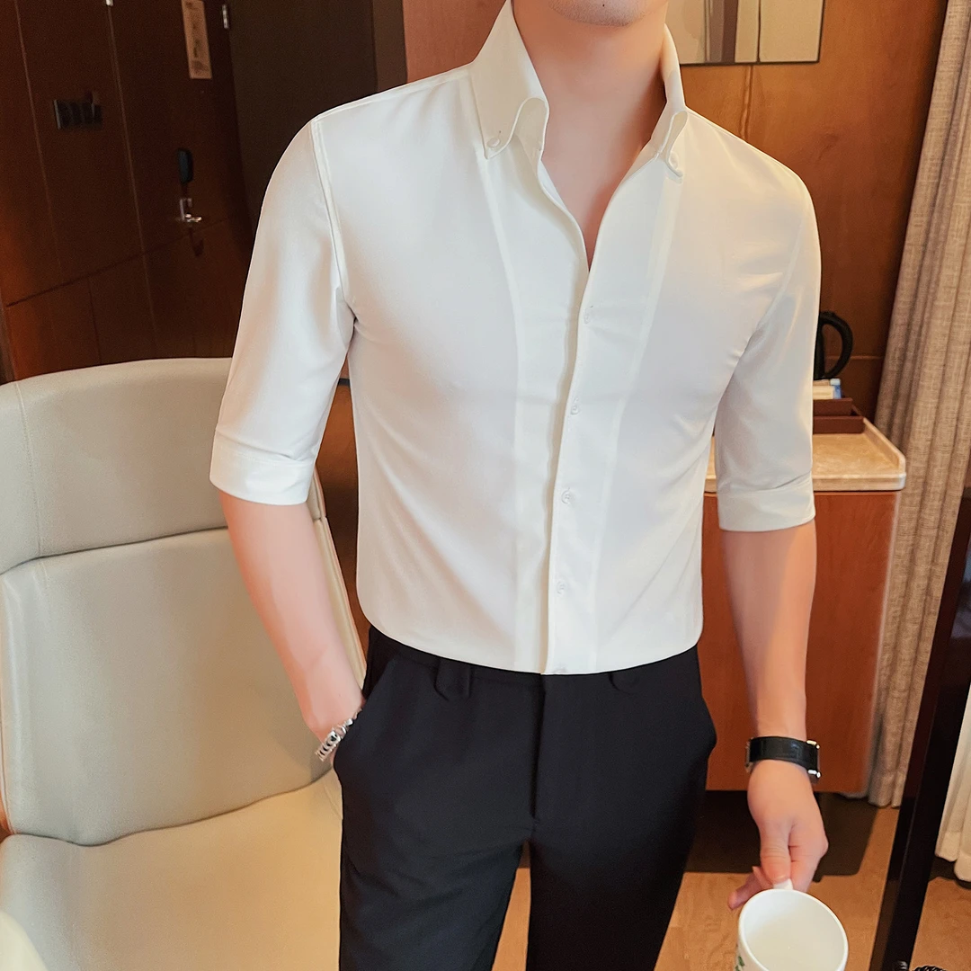 法式大领中袖衬衫男款轻奢痞帅高级感男装夏季款v领薄款短袖衬衣