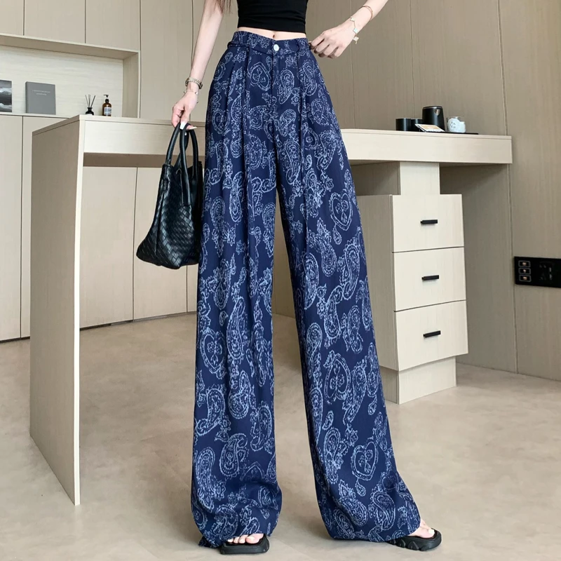 藏蓝色复古印花阔印花腿裤女2025夏季新款显瘦宽松休闲直筒拖地裤