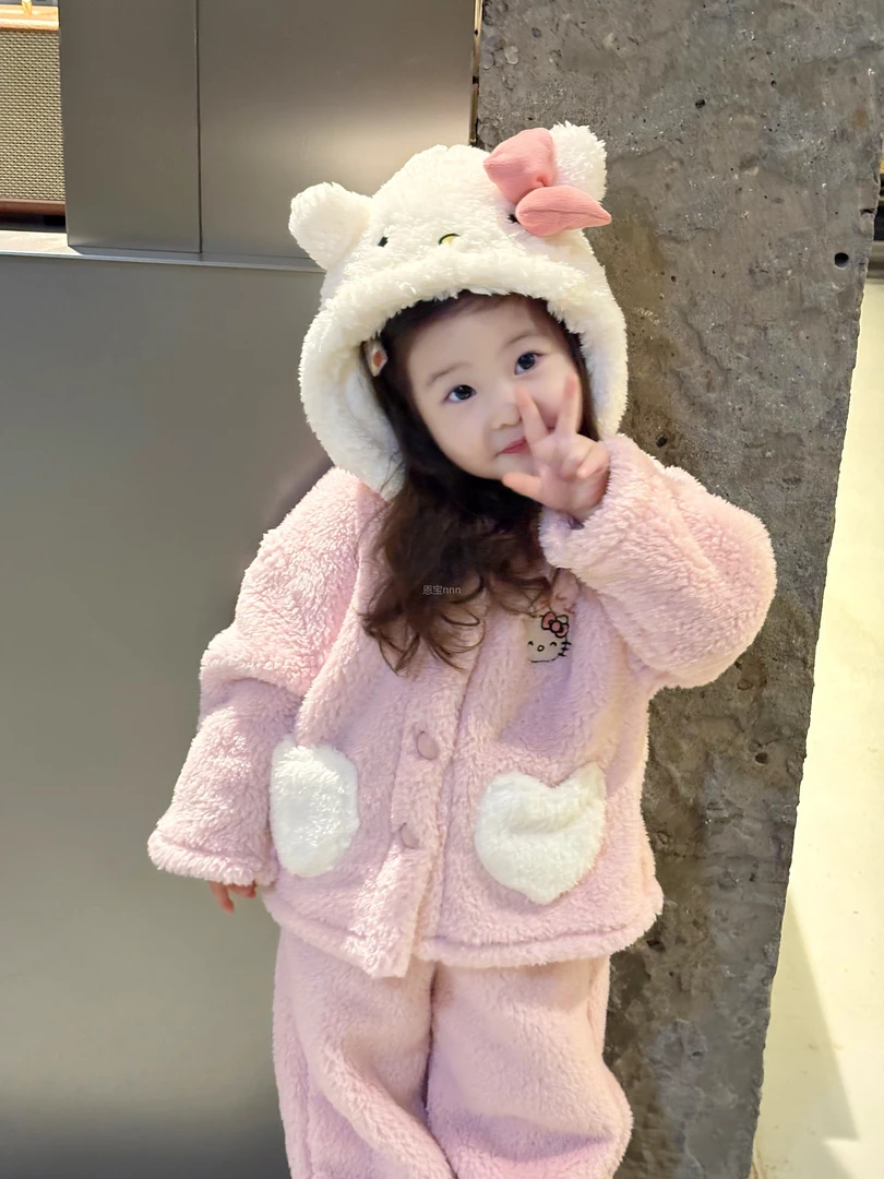 《甜小七》2025秋冬新款童装卡通猫咪可爱粉连帽蝴蝶结爱心居家服