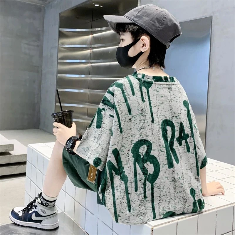 扎染男童纯棉短袖t恤夏季新款网红帅气宽松休闲中大童半袖上衣潮