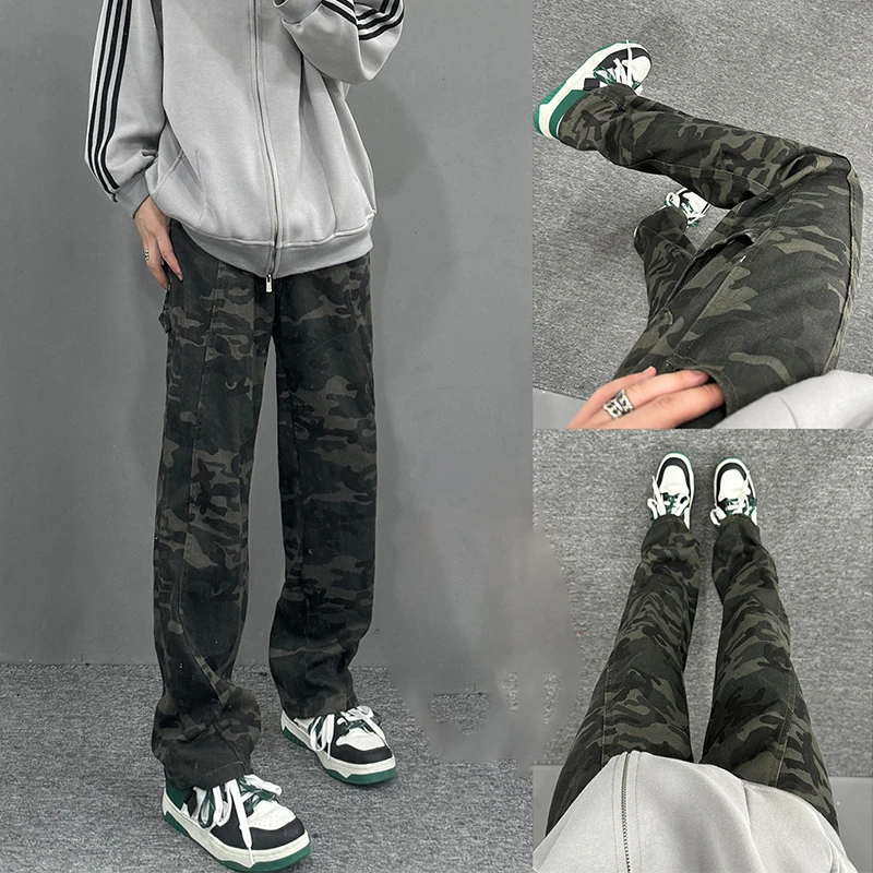 美式工装迷彩裤子男女款秋冬直筒牛仔裤潮牌高街cleanfit伐木长裤