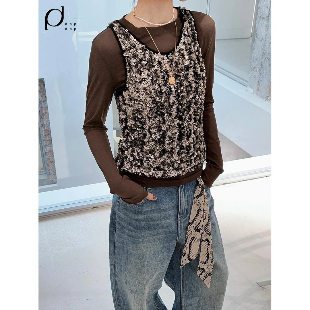 AVVENN2025春两件套亮片背心圆领打底T恤女1590d