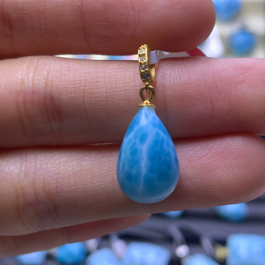 针钠钙石（海纹石）银S925镶嵌吊坠(不含链)水滴吊坠色差略异