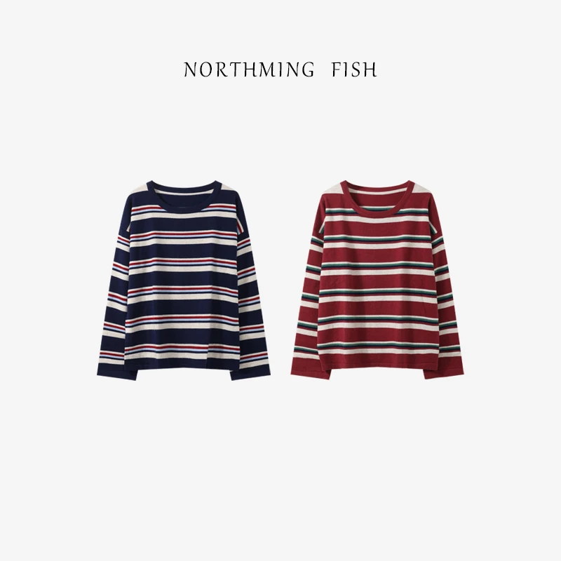 NorthMing fish 休闲简约 时髦撞色条纹绵羊毛上衣