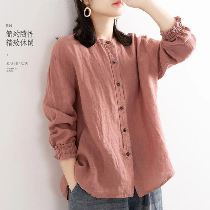 25显瘦文艺复古棉麻长袖衬衫女春秋大码宽松休闲开衫衬衣显瘦