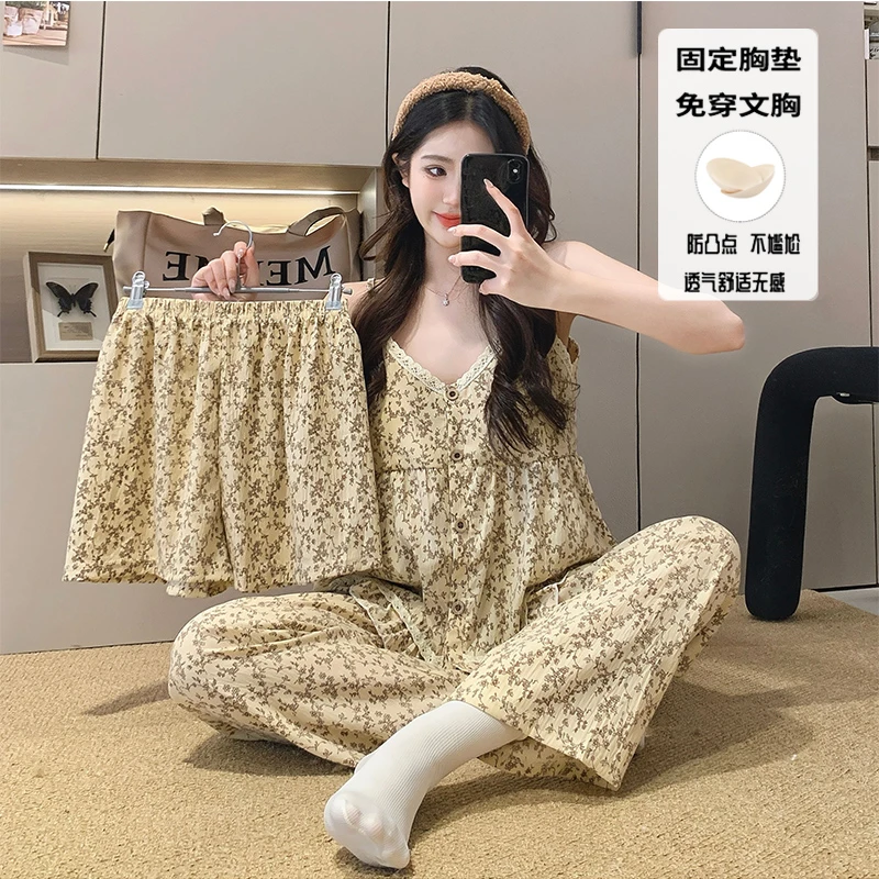带胸垫吊带三件套睡衣女夏季短裤甜美国风复古碎花长裤家居服套装