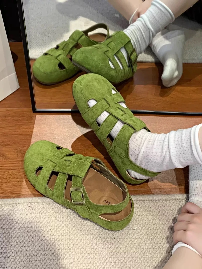 2025凉鞋夏季新款复古森系包头凉鞋镂空透气单鞋编织猪笼鞋