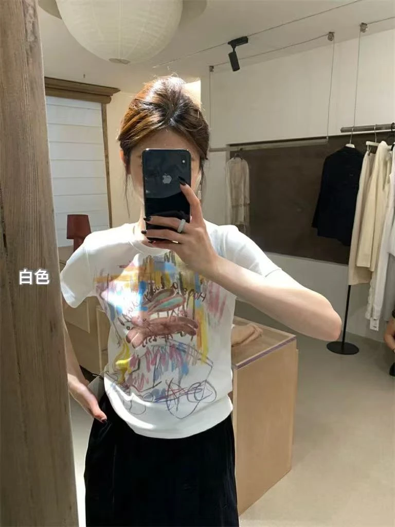 【涂鸦小兔T】韩系正肩涂鸦设计感短袖T恤20643 衣长48