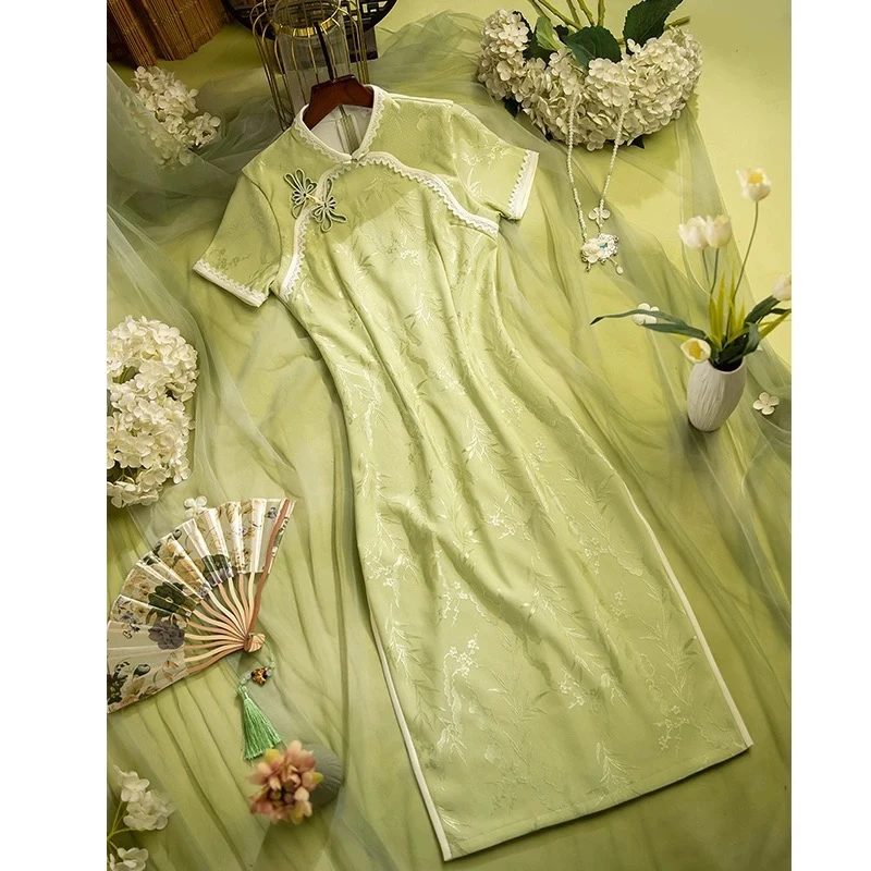 （茉莉）竹叶绣绿色素雅旗袍女改良版中式复古气质日常年轻中长款