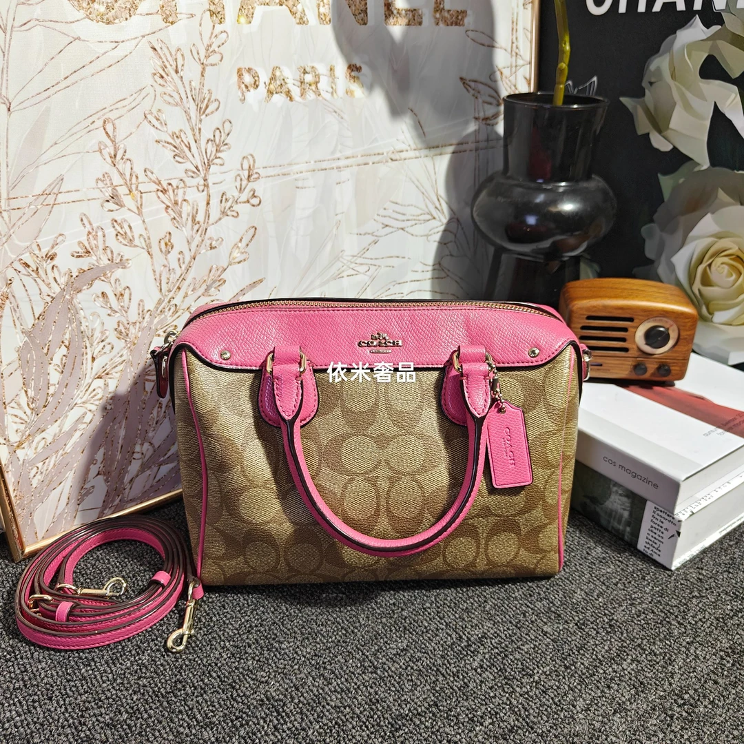 95新 COACH/蔻驰 焦糖拼玫红老花波士顿G25101969尺寸23*16