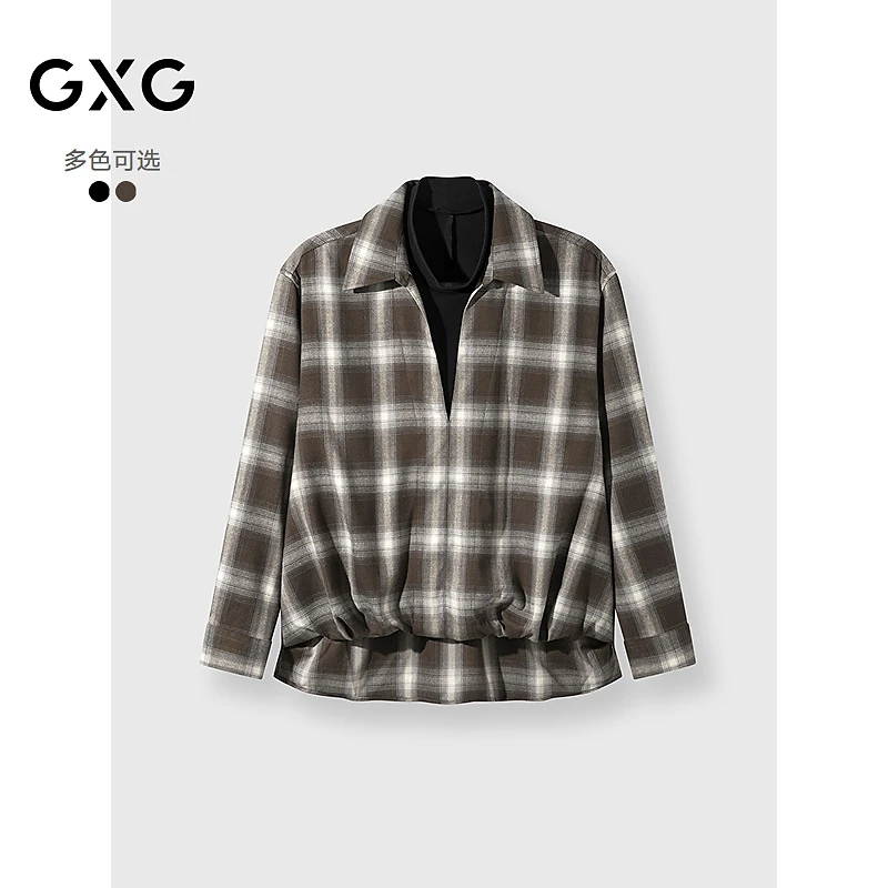 GXG男装 复古格纹深V高领假两件衬衫25年秋冬新款#G25D034079