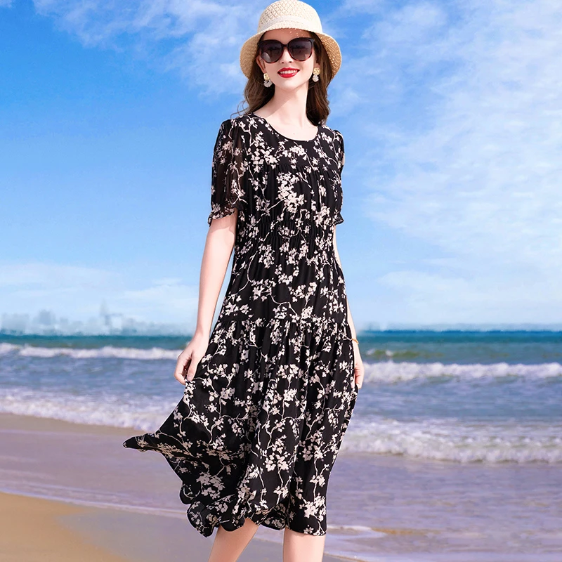 普拉妮<夏日花语>100%桑蚕丝宽松遮肚洋气休闲气质时尚连衣裙605