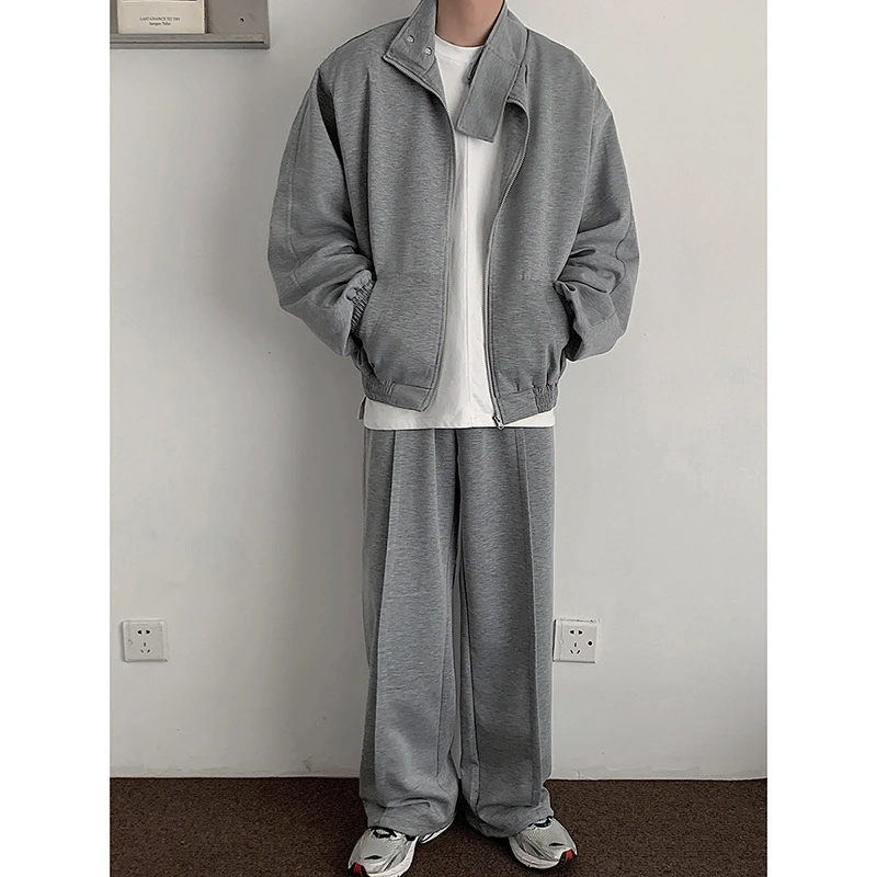 韩版休闲百搭立领垫肩卫衣套装男2023年春季简约宽松运动两件套潮