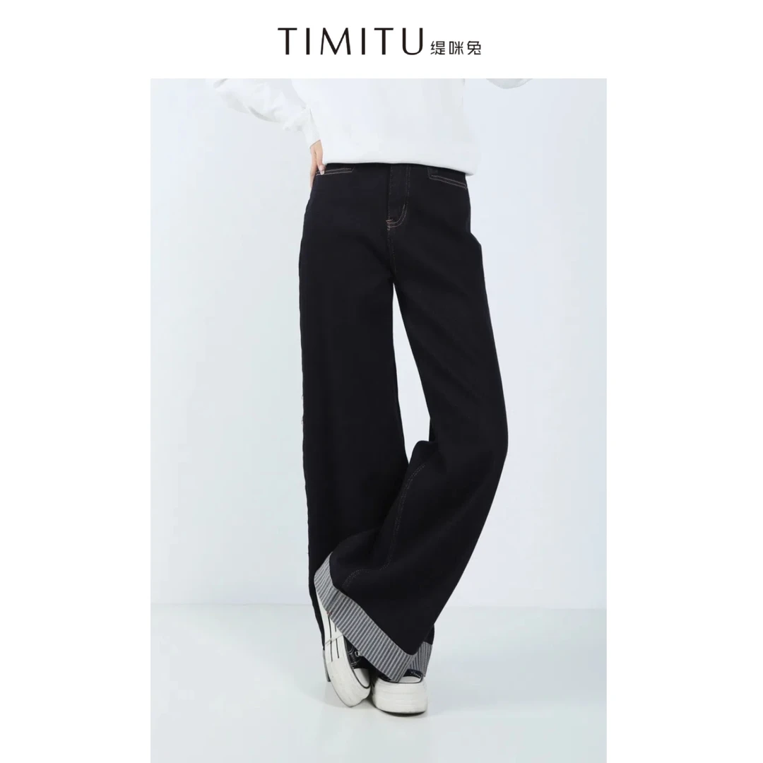 TIMITU缇咪兔休闲撞色条纹卷边阔腿牛仔裤34429001