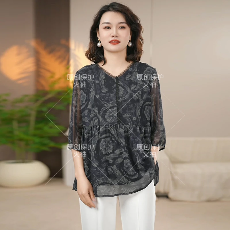 火袖G111时尚气质V领植物花卉印花T恤大码春夏夏季百搭宽松型小衫