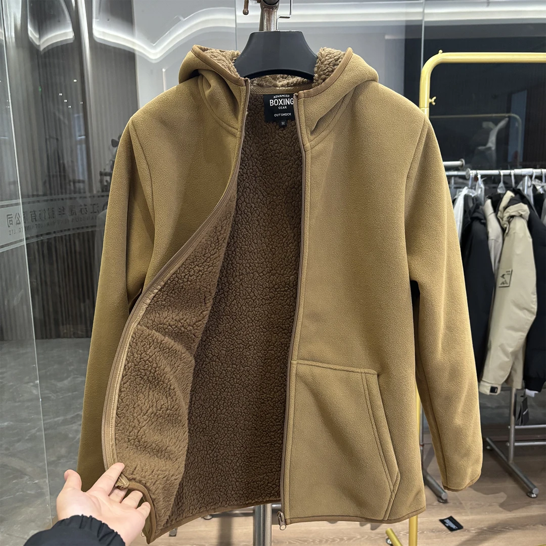 出扣单！厚实仿羊羔绒！秋冬厚款男士简约休闲连帽开衫摇粒绒外套