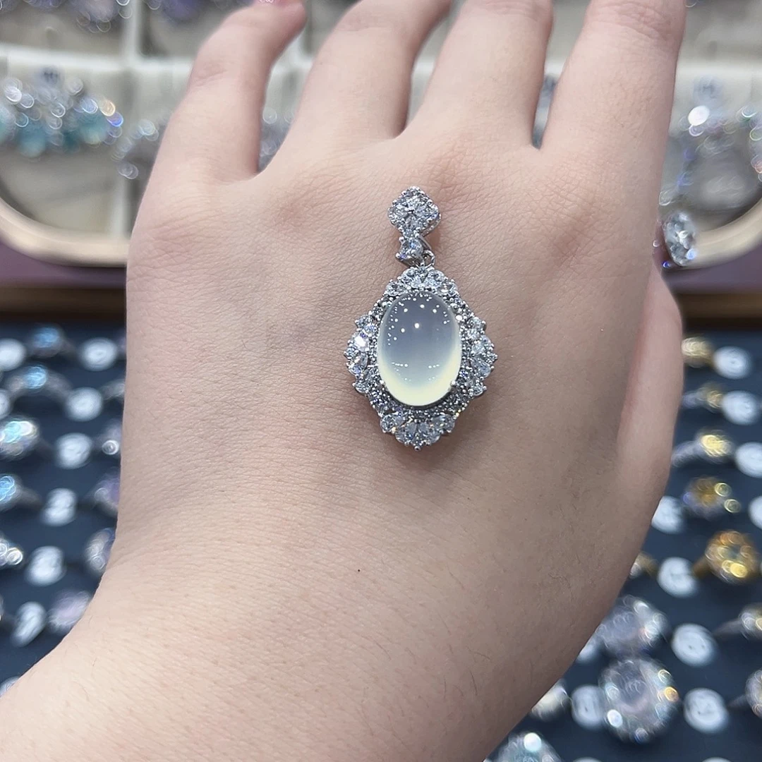 蛇纹石玉银S925镶嵌戒指单吊坠