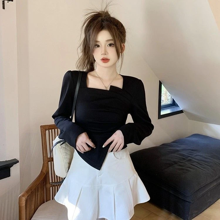 不规则长袖白色T恤秋款女装2025年新款设计感修身短款打底衫上衣